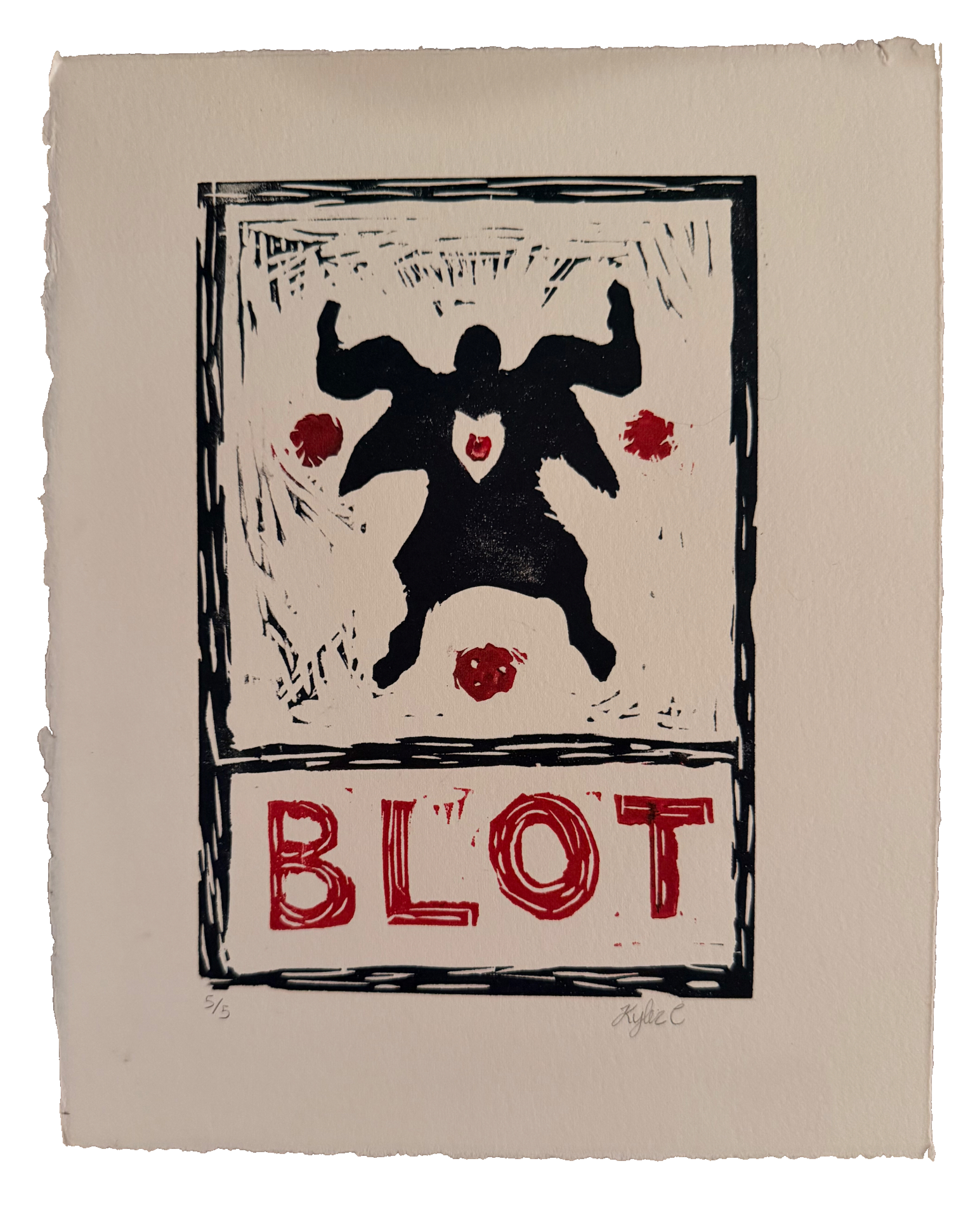 Kyler's signed and numbered red and black linocut impression of BLOT
